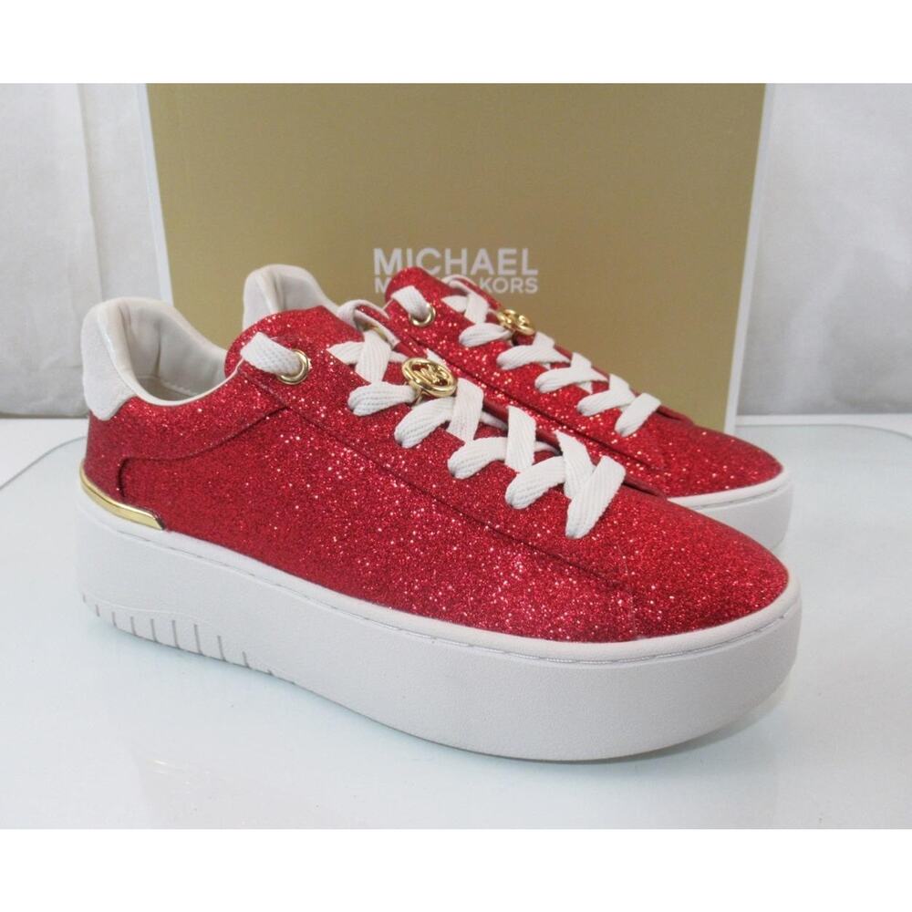 Michael Kors Size 8.5 Dottie Lace Up Platform Sneakers Glitter Leather Red - Picture 7 of 8